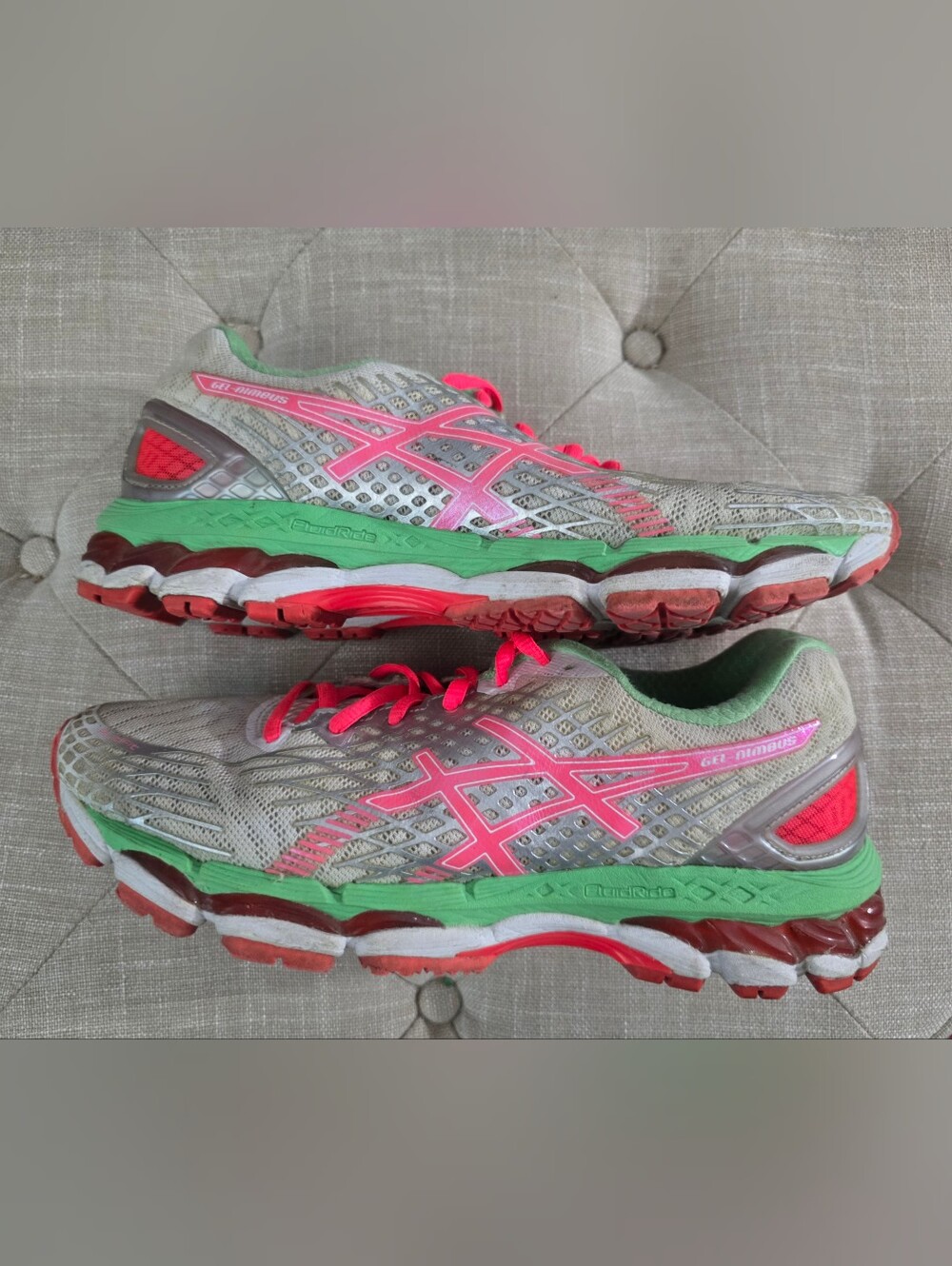 ASICS Women's Gray Running Shoes with Pink Overlays and Green Midsole